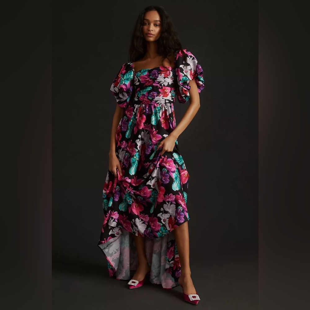 Anthropologie Delfi Puff-Sleeve Floral Printed Maxi Dress